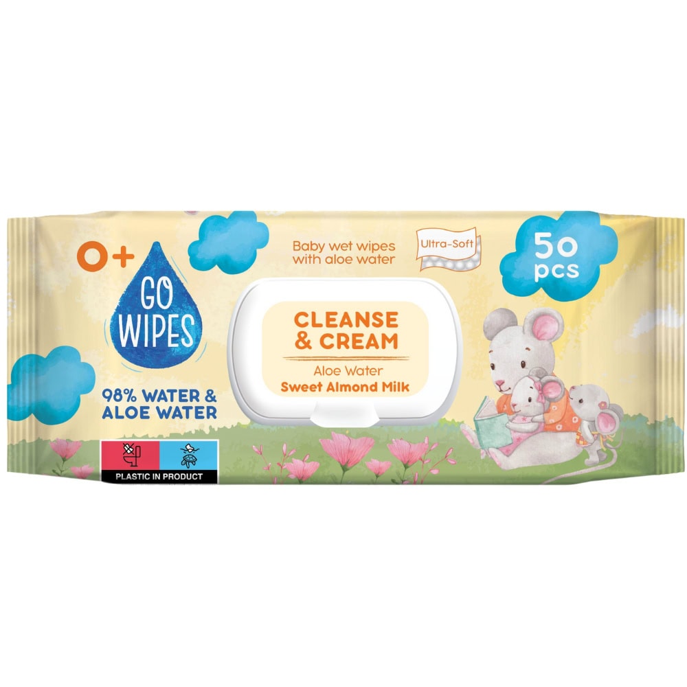 GO WIPES SERVETELE UMEDE COPII CU CAPAC 50BUC ALOE&LAPTE DE MIGDALE