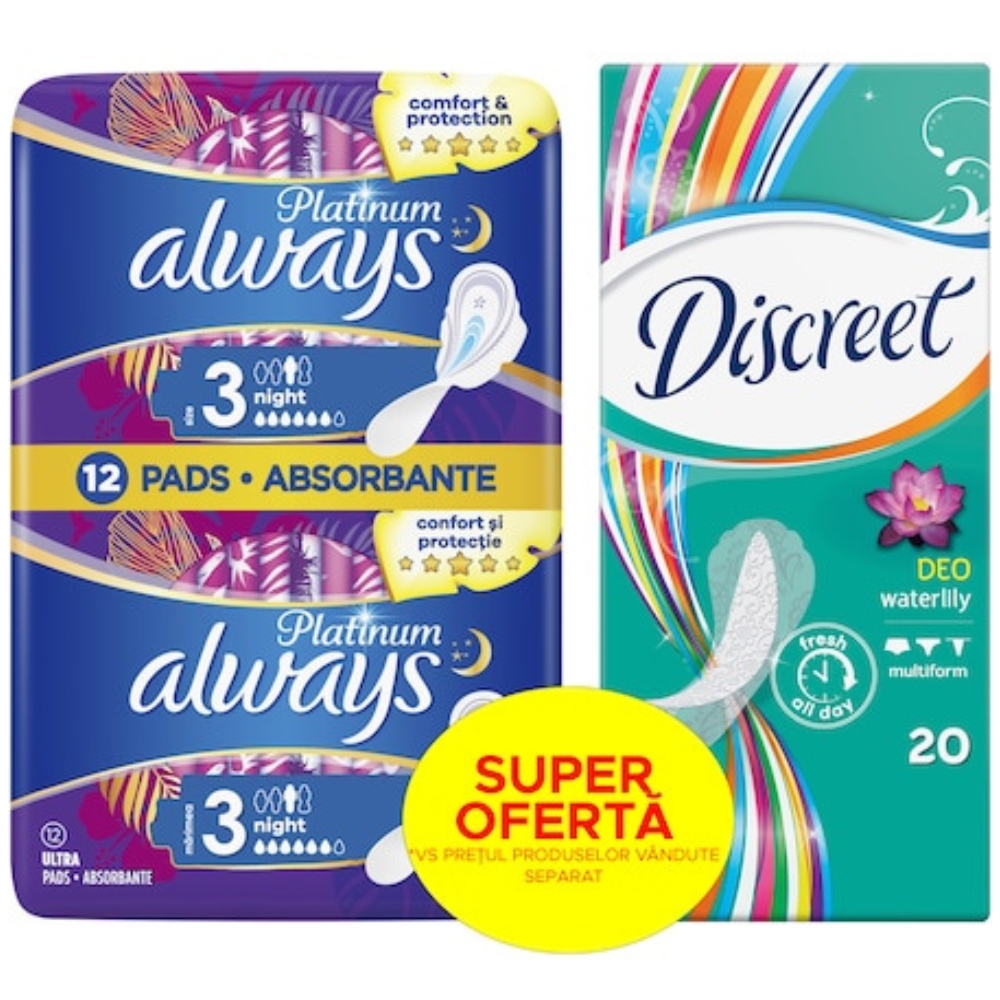 ALWAYS ABSORBANTE PLATINUM S3 12BUC + DISCREET 20BUC PROMO