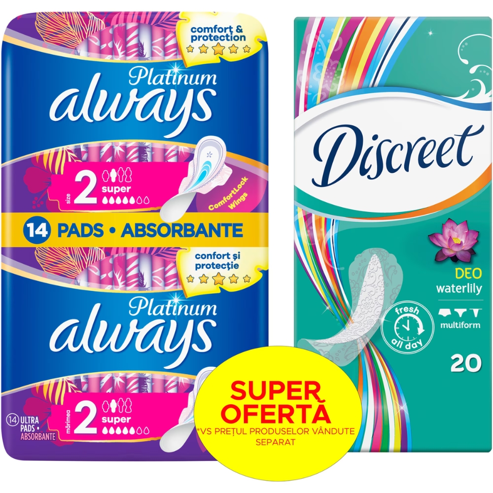 ALWAYS ABSORBANTE PLATINUM S2 14BUC+ DISCREET 20BUC PROMO